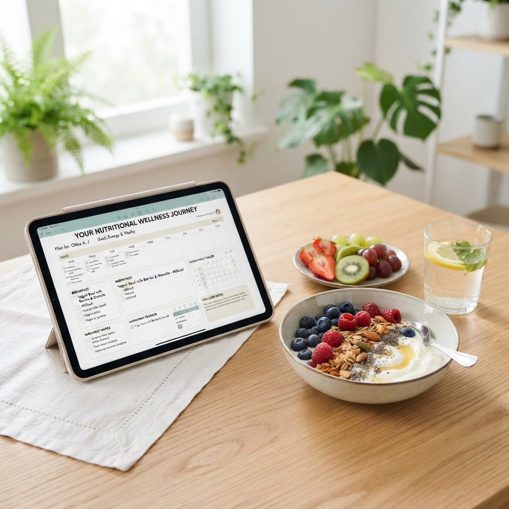 Plan nutrition personnalisé présenté à côté d'un petit-déjeuner sain : yaourt, fruits rouges et granola